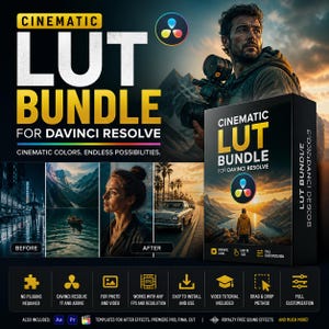 May include: A promotional image for a "Cinematic LUT Bundle" for DaVinci Resolve. The design features a man holding a camera, a product box, and before/after image comparisons. Text includes "Cinematic LUT Bundle for DaVinci Resolve" and various feature icons.