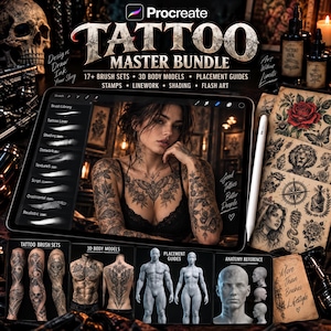Könnte beinhalten: Ein digitales Procreate Tattoo-Master-Bundle mit einem Tablet, das eine Pinselbibliothek und das Porträt einer tätowierten Person zeigt. Das Set enthält 3D-Körpermodelle, Platzierungshilfen, anatomische Referenzen und gedruckte Flash-Art-Bögen.