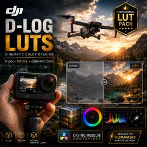 Może przedstawiać: Profesjonalny pakiet DJI D-LOG LUT dla filmowców. Grafika przedstawia czarnego drona w locie, kamerę wyświetlającą górski krajobraz, porównanie przed i po sceny zachodu słońca, koło kolorów oraz histogram.