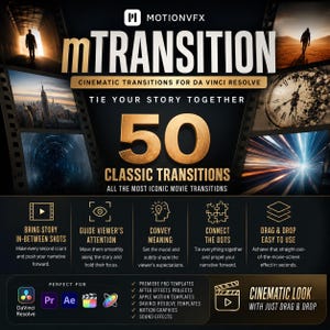 May include: A promotional graphic for mTRANSITION, featuring cinematic transitions for DaVinci Resolve. The design includes the text "50 Classic Transitions" and icons representing various features. The graphic is perfect for Premiere Pro, After Effects, Apple Motion, DaVinci Resolve, Motion Graphics, and Sound Effects.
