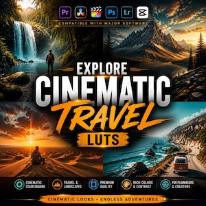 Puede incluir: Un anuncio de producto digital para LUTs de viaje cinematográficos con cuatro paisajes: cascada, montañas, atardecer en el desierto y carretera costera. El texto incluye "EXPLORE CINEMATIC TRAVEL LUTS" y "COMPATIBLE WITH MAJOR SOFTWARE".