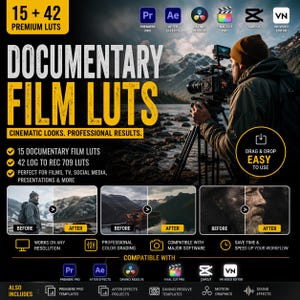 Puede incluir: Gráfico promocional para "Documentary Film LUTs" con un videógrafo y una cámara en un trípode. El gráfico destaca 15 LUT de película, 42 LUT log to rec 709 y compatibilidad con varios softwares. El texto incluye "Cinematic Looks. Professional Results."