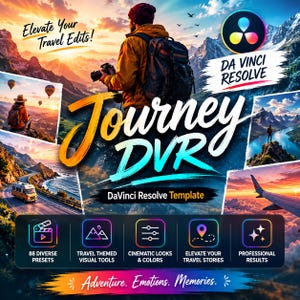 Könnte beinhalten: Werbegrafik für DaVinci Resolve mit dem Text "Journey DVR" und Bildern zum Thema Reisen. Das Bild zeigt eine Person mit Rucksack und Kamera, Berge und Heißluftballons. Der Text enthält "Elevate Your Travel Edits!" und "Adventure. Emotions. Memories."