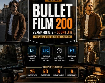 May include: A digital product bundle titled Bullet Film 200 featuring 25 XMP presets and 50 DNG LUTs. The graphic displays before and after photo comparisons, software compatibility icons for Lightroom and Photoshop, and a list of file formats.