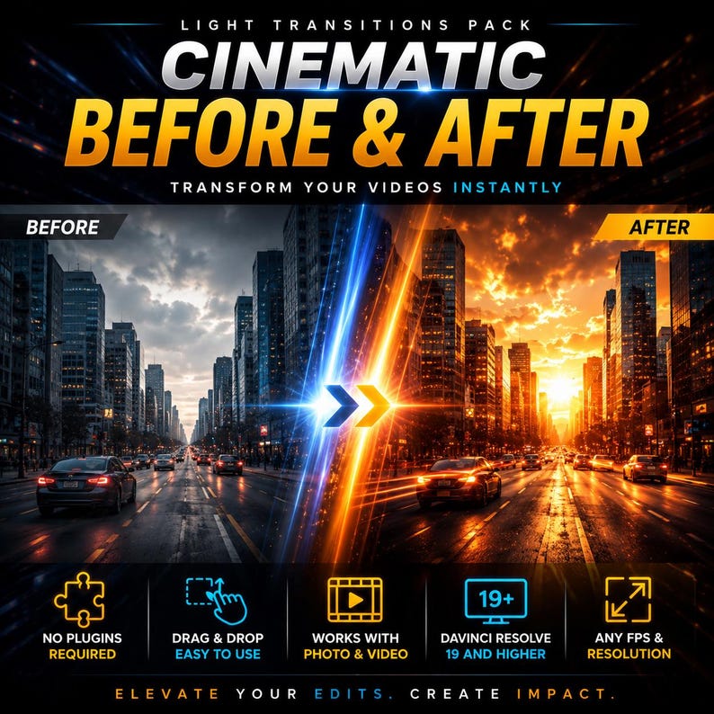 May include: A promotional graphic for a light transitions pack. The image shows a cityscape before and after a visual effect. Text includes "CINEMATIC BEFORE & AFTER" and "TRANSFORM YOUR VIDEOS INSTANTLY." Icons highlight features like "NO PLUGINS REQUIRED" and "DRAG & DROP EASY TO USE."