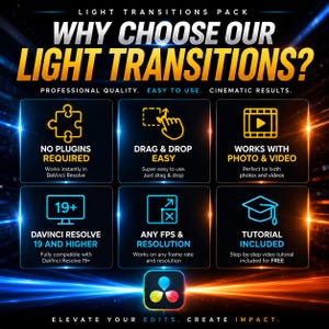 May include: Promotional graphic for light transitions pack. Text includes "Why Choose Our Light Transitions?" and "Professional Quality. Easy to Use. Cinematic Results." Features include no plugins required, drag and drop, works with photo and video, DaVinci Resolve 19 and higher, any FPS and resolution, and tutorial included.