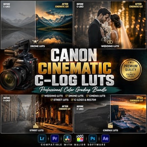 May include: A digital product advertisement for Canon Cinematic C-Log LUTs featuring a black Canon cinema camera, split-screen before-and-after color grading examples for drone, wedding, street, and cinema footage, and software compatibility icons.
