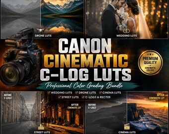 May include: A digital product advertisement for Canon Cinematic C-Log LUTs featuring a black Canon cinema camera, split-screen before-and-after color grading examples for drone, wedding, street, and cinema footage, and software compatibility icons.