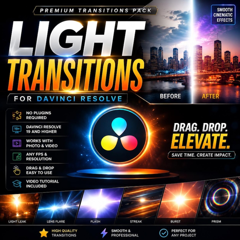 May include: Promotional graphic for a "Light Transitions" pack for DaVinci Resolve. The image features the text "Light Transitions" in large, bold, orange and white letters. Additional text includes "Drag. Drop. Elevate." and examples of transition effects.