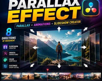 May include: A promotional graphic for DaVinci Resolve's Parallax Effect. The image features the text "PARALLAX EFFECT" in large, bold letters, with supporting text indicating features like slideshow creation and animation. A scenic landscape is shown with directional arrows, and the tagline reads "BRING DEPTH. CREATE IMPACT."