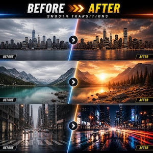 May include: Image showcasing a before-and-after comparison of photo editing. The top section features a cityscape, the middle shows a mountain lake, and the bottom depicts a city street. Each pair highlights smooth transitions with the text "BEFORE" and "AFTER".