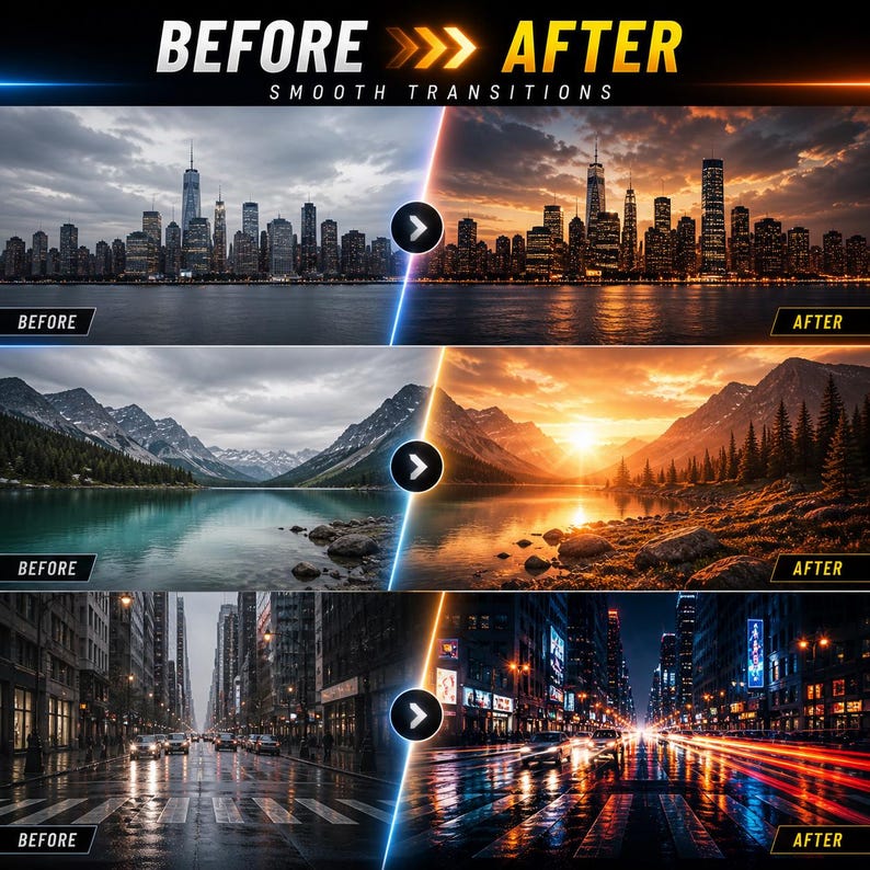 May include: Image showcasing a before-and-after comparison of photo editing. The top section features a cityscape, the middle shows a mountain lake, and the bottom depicts a city street. Each pair highlights smooth transitions with the text "BEFORE" and "AFTER".