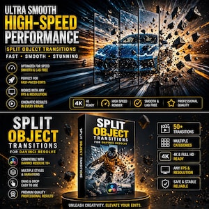 May include: Promotional graphic for "Split Object Transitions" for DaVinci Resolve. The image features a blue sports car breaking apart, showcasing the transitions. Text highlights features like 4K resolution, high-speed render, and smooth performance. A product box is also displayed.