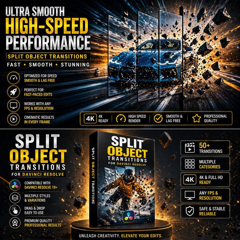 May include: Promotional graphic for "Split Object Transitions" for DaVinci Resolve. The image features a blue sports car breaking apart, showcasing the transitions. Text highlights features like 4K resolution, high-speed render, and smooth performance. A product box is also displayed.