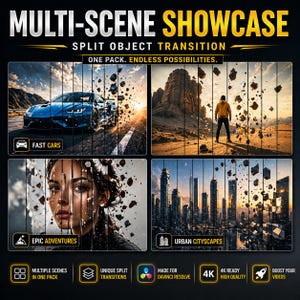 May include: Promotional graphic with the text "MULTI-SCENE SHOWCASE" and "SPLIT OBJECT TRANSITION." The image features four split-screen scenes: a blue sports car, a person in a desert, a woman's face, and a cityscape. Additional text includes "FAST CARS," "EPIC ADVENTURES," and "URBAN CITYSCAPES."