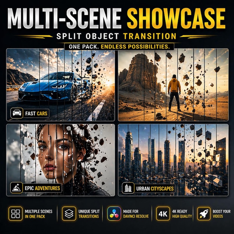 May include: Promotional graphic with the text "MULTI-SCENE SHOWCASE" and "SPLIT OBJECT TRANSITION." The image features four split-screen scenes: a blue sports car, a person in a desert, a woman's face, and a cityscape. Additional text includes "FAST CARS," "EPIC ADVENTURES," and "URBAN CITYSCAPES."