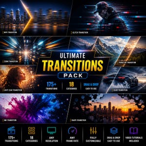May include: A promotional graphic for a video editing transitions pack. The image features various transition examples, including wipe, glitch, zoom, and light leak effects. The pack includes 175+ transitions, 18 categories, and is drag & drop easy to use.