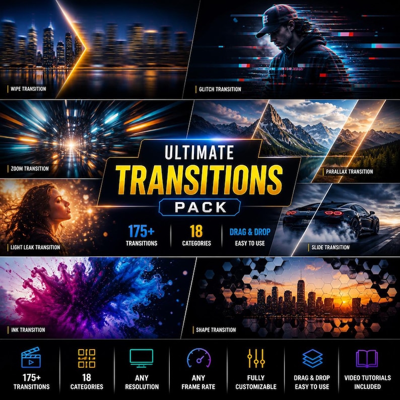May include: A promotional graphic for a video editing transitions pack. The image features various transition examples, including wipe, glitch, zoom, and light leak effects. The pack includes 175+ transitions, 18 categories, and is drag & drop easy to use.