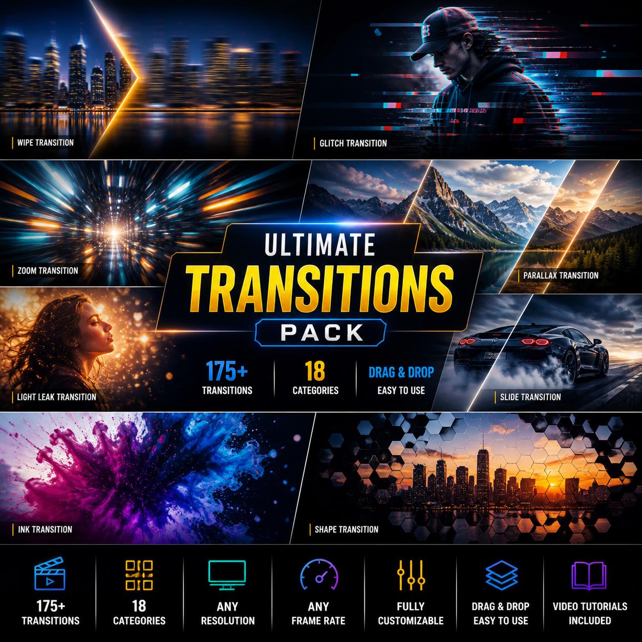 175+ Davinci Resolve Transitions Pack | Video Editing Presets | Drag ...