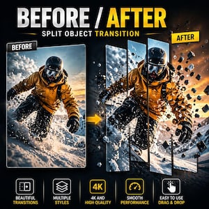 May include: A split-screen graphic with the text "BEFORE / AFTER SPLIT OBJECT TRANSITION." The "BEFORE" side shows a skier in a yellow jacket. The "AFTER" side shows the skier in motion with a dynamic transition. Icons highlight features like "4K and High Quality."