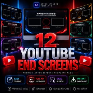 12 plantillas de pantalla final de YouTube para After Effects / Paquete de outros animados de YouTube / Archivos AEP / Full HD / Sin plugins / Fácil edición