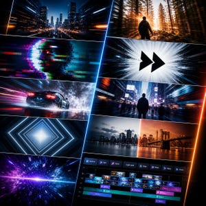 May include: A collage of digital art images with a futuristic theme. The images include a cityscape with blurred lights, a person in a forest, a glitch effect portrait, a car speeding, and a neon tunnel. The bottom right shows a video editing interface.