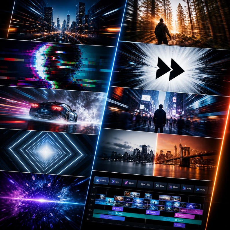 May include: A collage of digital art images with a futuristic theme. The images include a cityscape with blurred lights, a person in a forest, a glitch effect portrait, a car speeding, and a neon tunnel. The bottom right shows a video editing interface.