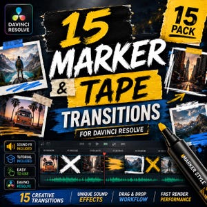Könnte beinhalten: Ein digitales Produktpaket für DaVinci Resolve mit 15 Marker- und Klebeband-Übergängen. Die Grafik zeigt fetten gelben und weißen Text, einen schwarzen Marker und eine Videobearbeitungs-Timeline mit verschiedenen Übergangseffekten.