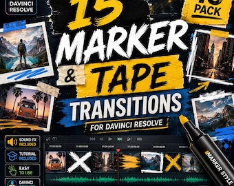 May include: A digital product package for DaVinci Resolve featuring 15 marker and tape transitions. The graphic displays bold yellow and white text, a black marker, and a video editing timeline showing transition effects with photo previews.