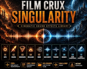 May include: A digital product cover for Film Crux Singularity, a cinematic sound effects library. The design features orange and blue contrasting themes, text listing ten categories like hits, risers, and drones, plus technical specifications.