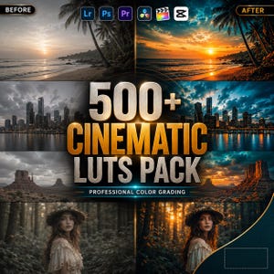May include: A digital product advertisement for a 500+ Cinematic LUTs Pack for professional color grading. The image displays before and after comparisons of a beach sunset, a city skyline, a desert landscape, and a person in a forest.