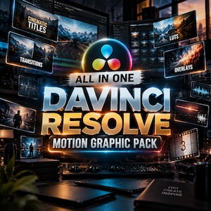 Op de afbeelding: Een digitale productweergave voor een All In One DaVinci Resolve Motion Graphic Pack. De afbeelding bevat het DaVinci Resolve-logo, vette tekst en diverse zwevende panelen met filmische titels, overgangen, LUT's en video-overlays.