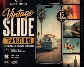 May include: A promotional image for DaVinci Resolve featuring "Vintage Slide Transitions." The design includes a smartphone displaying a vintage travel scene with a blue van. The text highlights 15 transitions, vertical format, and easy drag-and-drop functionality.