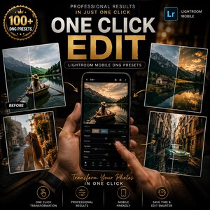 May include: A digital product advertisement for Lightroom Mobile DNG presets featuring the text One Click Edit. The image displays a smartphone screen showing photo editing software with before and after examples of landscape and street photography.