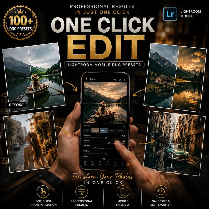 May include: A digital product advertisement for Lightroom Mobile DNG presets featuring the text One Click Edit. The image displays a smartphone screen showing photo editing software with before and after examples of landscape and street photography.
