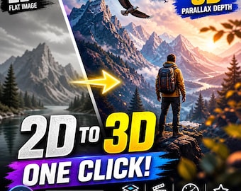 May include: A digital graphic promoting a DaVinci Resolve premium plugin. The image transitions from a 2D flat image of mountains to a 3D parallax depth scene. Text includes "2D to 3D One Click!" and feature icons for cinematic transitions and professional results.