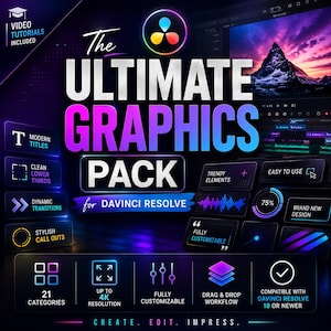 Puede incluir: Gráfico promocional para un paquete de gráficos para DaVinci Resolve. El diseño presenta el texto "The Ultimate Graphics Pack" en letras grandes y en negrita con texto e iconos de apoyo. La combinación de colores es una mezcla de morado, rosa y azul.