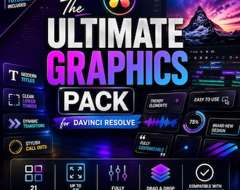 May include: A promotional graphic for a graphics pack for DaVinci Resolve. The design features the text "The Ultimate Graphics Pack" in large, bold letters with supporting text and icons. The color scheme is a mix of purple, pink, and blue.