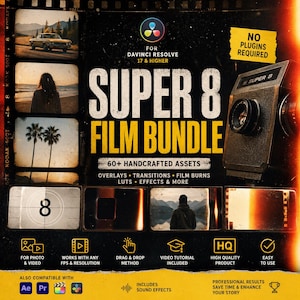 Super 8 Film Bundle för DaVinci Resolve – Vintage LUTs, Overlays & Effects Pack