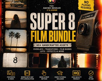 Super 8 Film Bundle for DaVinci Resolve – Vintage LUTs, Overlays & Effects Pack