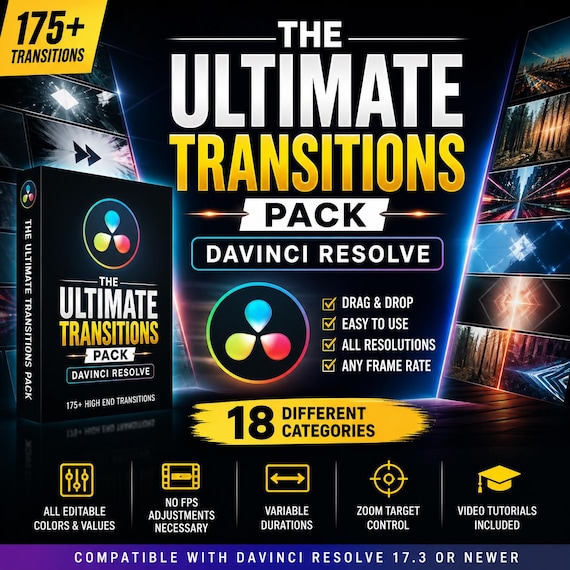DaVinci Resolve Transitions Pack | 175+ Drag & Drop Video Effects (Digital Download)