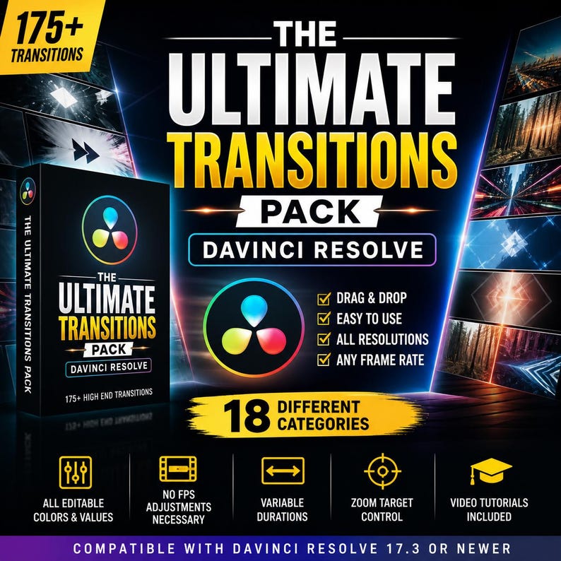 May include: A product box for "The Ultimate Transitions Pack" for DaVinci Resolve, featuring a black and teal design. The box and promotional material highlight 175+ transitions, 18 categories, and features like drag & drop functionality and video tutorials.