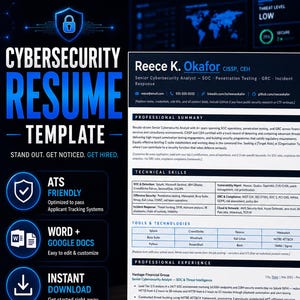May include: A digital cybersecurity resume template featuring a dark blue background with white text. The document includes sections for professional summary, technical skills, tools, and experience, with placeholders for contact information.