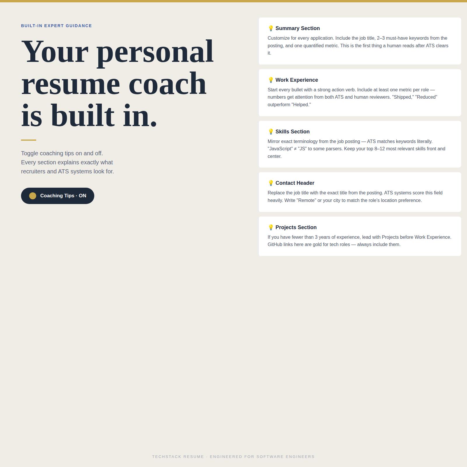 May include: A webpage offering resume writing guidance, with the headline "Your personal resume coach is built in." It features sections on summary, work experience, skills, contact header, and projects, with a toggle for coaching tips and advice.