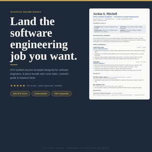 以下が含まれることがあります： 「Land the software engineering job you want」というテキストが入った濃い青色のグラフィック。画像には、ソフトウェアエンジニア向けのATS検証済み履歴書バンドルに関する情報も含まれています。