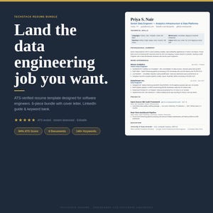 Peut inclure: Visuel bleu foncé avec du texte blanc indiquant « Obtenez le poste d'ingénieur de données que vous souhaitez ». L'image fait la promotion d'un modèle de CV vérifié ATS pour les ingénieurs logiciels. Il comprend un pack de 6 pièces avec une lettre de motivation, un guide LinkedIn et une banque de mots-clés.