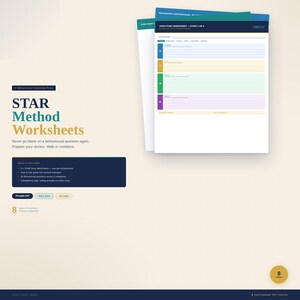 Puede incluir: Hojas de trabajo "STAR Method Worksheets" en verde azulado y amarillo, diseñadas para preguntas de comportamiento. La imagen incluye una lista de lo que se incluye y el texto "Prepara tus historias. Camina con confianza."