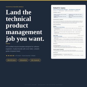 May include: A navy blue and white resume template bundle for technical product management jobs. The text reads "Land the technical product management job you want." Includes a cover letter, LinkedIn guide, and keyword bank. The ATS score is 94%.