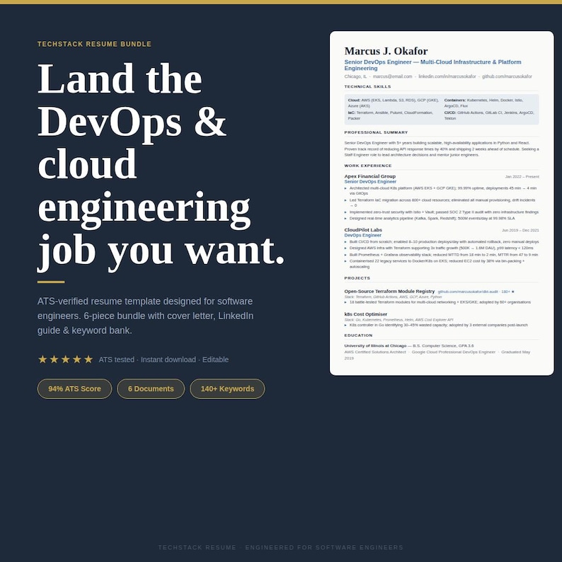 May include: A navy blue resume template bundle with the text "Land the DevOps & cloud engineering job you want." Includes a cover letter, LinkedIn guide, and keyword bank. The template is ATS-verified and designed for software engineers.