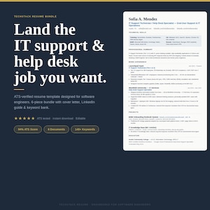 Puede incluir: Un paquete de plantillas de currículum vitae azul oscuro con el texto "Land the IT support & help desk job you want." Incluye una carta de presentación, una guía de LinkedIn y un banco de palabras clave. El currículum vitae está verificado por ATS y diseñado para ingenieros de software.